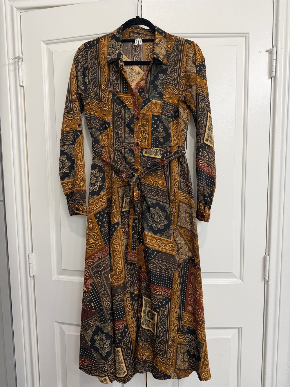 Button-Front Long Sleeve Patchwork Paisley Shirt Dress - Mustard Multi